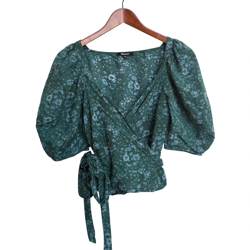 Madewell Green Floral Puff Sleeve Wrap Top Cotton V-Neck Blouse Size Medium